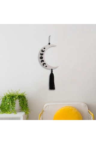 Homyl Püsküllü Siyah Göksel Evre Ahşap Duvar Sanatı Hilal