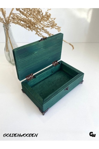 Doğal Ahşap Takı Kutusu Ahşap Saklama Kutusu Yeşil Beyaz Çam Boy:20cm En:12cm Yük:6,5cm