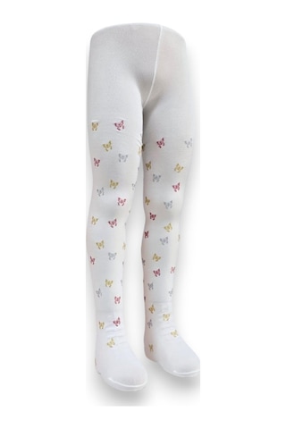 Kelebekli Simli Çocuk Külotlu Çorap - Dore St08584 Krem