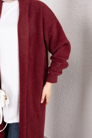 Hira Life Fashion Kadın Şal Yaka Uzun Triko Ve Sakallı Tüylü Hırka Bordo Bordo