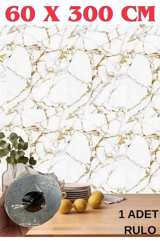 60cmx300cm Tek Parça Yapışkanlı Rulo Mermer Desenli Duvar Paneli Kağıdı Silinebilir Ls-6010-böte Altın - Beyaz