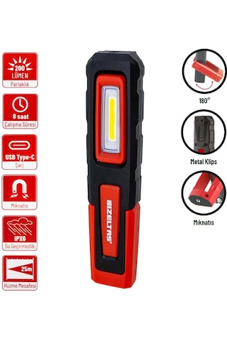 İzeltaş Cob Led Şarjlı Küçük Boy Çalışma Lambası 200 Lm Kırmızı - Siyah