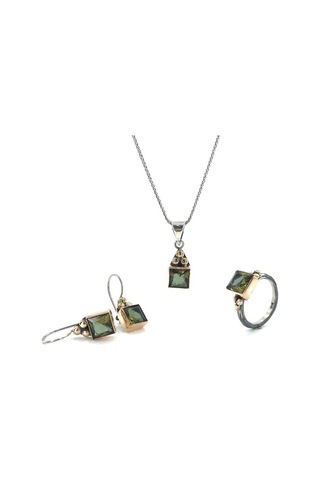 Tamamı El Üretimi Kare Zultanit Taş Gümüş Set Takım