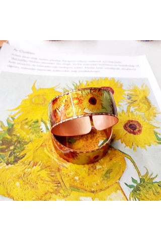 Copper Anatolian Van Gogh Sunflowers 1888 Bakır El İşçilikli Lüks Bilezik Altın