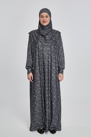 Pratik Tek Parça Çiçek Desenli Namaz Elbisesi Siyah