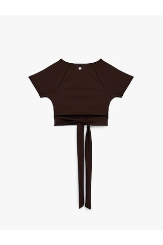 Koton Slim Fit Kısa Kollu Bisiklet Yaka Crop Bağlama Detaylı Spor Tişört Kahverengi 6wak10025nk Kahve