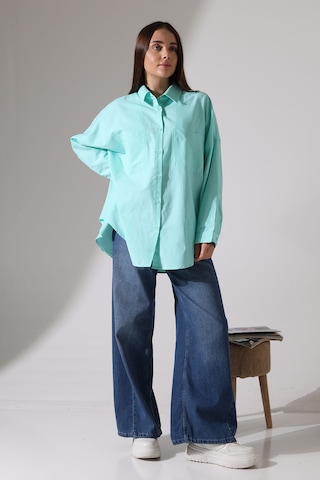 Yeni Sezon Poplin Kumaş Çift Cepli Oversize Pamuklu Kadın Tunik Gömlek Turkuaz