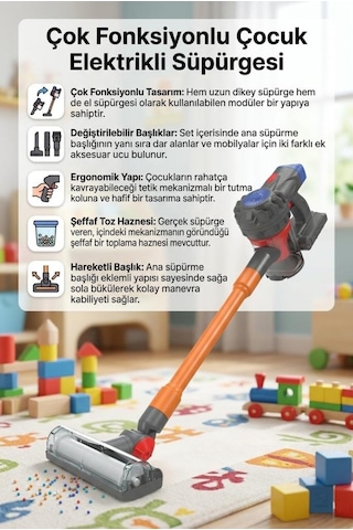 İlk Dikey Süpürgem Gerçekci Vakum Yapan Pilli Sesli 3 Farklı Başlıklı 70cm Oyuncak Dikey Süpürge 1