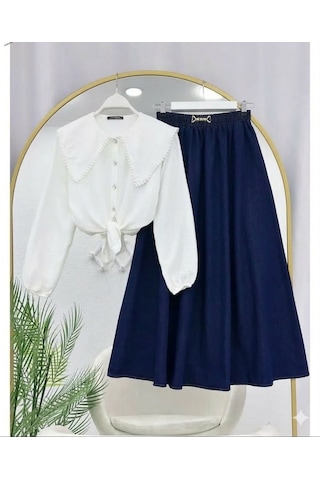 Lovie Moda Kadın Kot Etekli Takım - Lacivert Gri