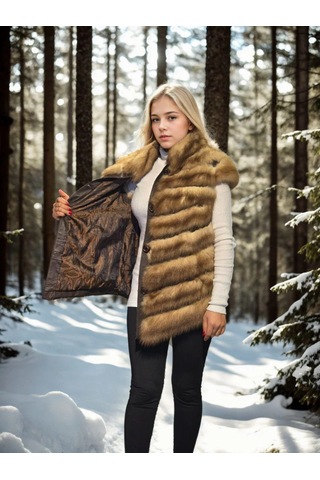 Kadın Kolsuz Hakiki Kürk - Kahve Çok Renkli