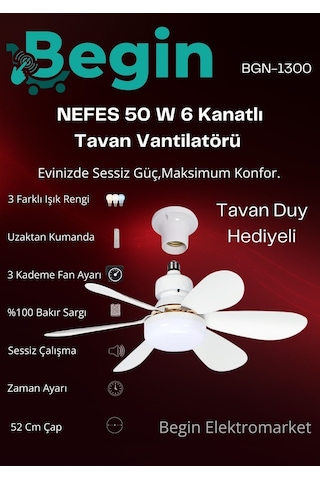 Begin Tavan Duy+50 w 6 Kanatlı Tavan Vantilatör Uzaktan Kumandalı Led Işıklı Beyaz