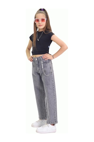 Gzt Tekstil Kız C Ocuk Pantolon Metalik Zincir Detaylı Bol Paça Kız Çocuk Kot Pantolon 6-15 Yaş Denim