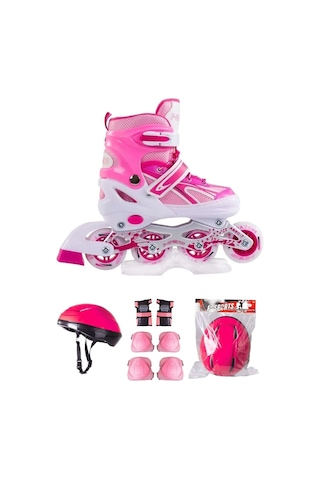 Pembe Çift Sıra Ayarlanabilir Alıştırma Pateni Kask Dizlik Seti Pembe