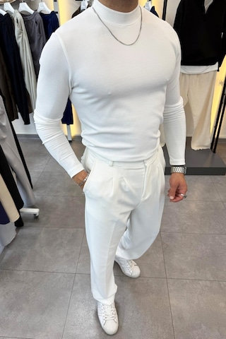 Yarım Balıkçı Pamuk Örme Likralı Esnek Rahat Kumaş Pileli Pantolonlu Takım Beyaz