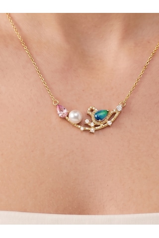Kuş İnci Taş Pembe Taş Detaylı Kadın Çelik Kolye,hediye,özel Gün,sevgililer Günü , Anneler Günü, Zirkon Taş ,gold Renk, Zarif,minimalist