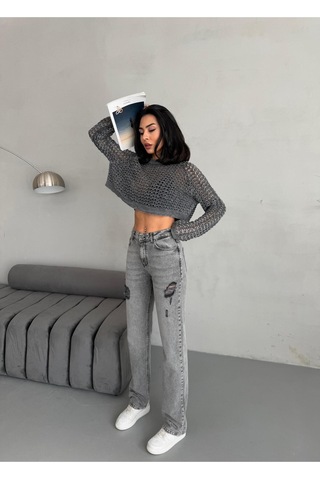 Kadın Straight Jean Yırtık Detaylı Ara Bel Boru Paça Kot Pantolon Gri Gri