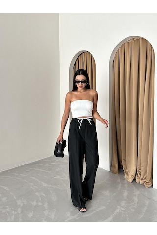 Siyah Bel Bantı Detaylı Yan Fermuarlı Pantolon Siyah