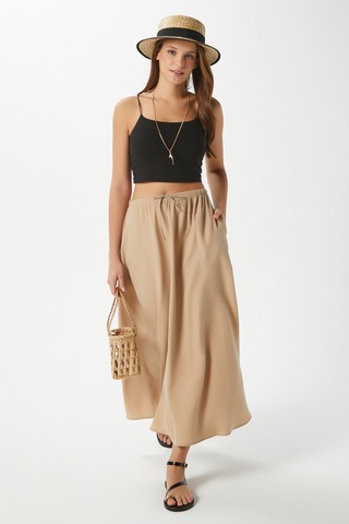 Kadın Trend Modal Serin Kumaş Bej Bel Lastikli Cepli Rahat Kalıp Uzun Etek