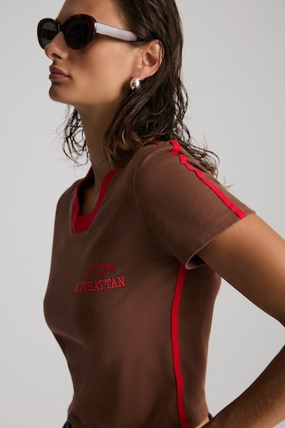 ETHIQUET ARIANWEN Kadın %100 Pamuk Dekoratif triko Yakalı Nakışlı Crop Kısa Kollu Kahverengi T-Shirt