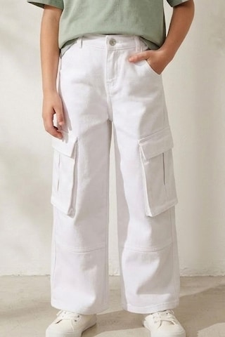 Escabel Kız Çocuk Gabardin Pantolon Kargo Cep Detaylı 5-9 Yaş, Beyaz