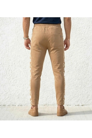 Plus Scorpion Erkek Slim Fit Eşofman Altı Yazılı Şerit Detaylı, Dar Paça Jogger Pantolon Taba