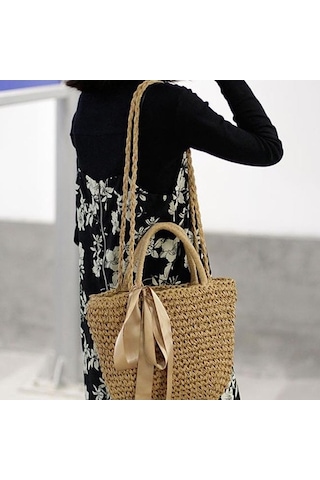 Novahub Kahve El Yapımı Hasır Çanta Kurdelalar 32cmx26cm Plaj Örgü Tote Çanta Omuz Çantası Kahverengi