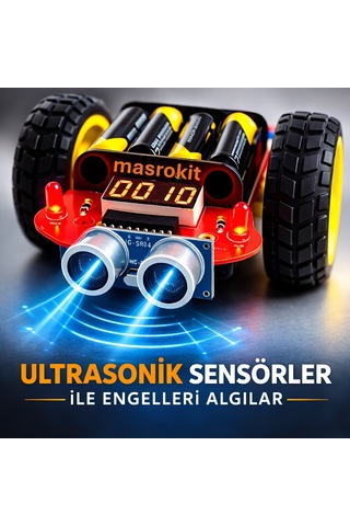 Masrokit U2l-7716 Ultrasonik Sensörlü Engelden Kaçan Robot Eğitim Kiti Sarı Motorlu