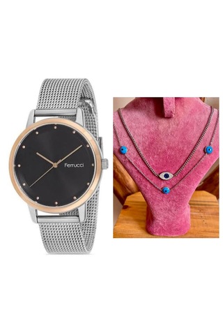Ferrucci Fc63167 Ayarlanailir Hasır Kordon Çelik Kadın Kol Saati+%100 Çelik Kolye Hediyeli Rose Gold