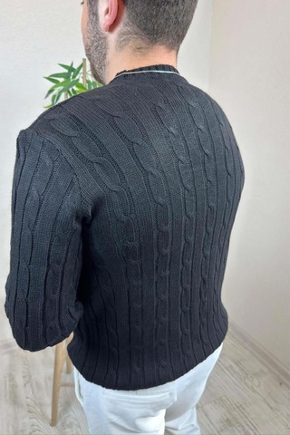 Erkek Siyah Örgülü Slim Fit Bisiklet Yaka Triko Kazak Siyah