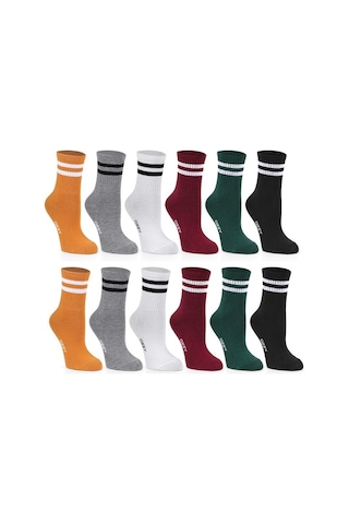 Ozzy Socks 12 Çift Çizgili Kolej Çorabı Karışık Renk Çok Renkli