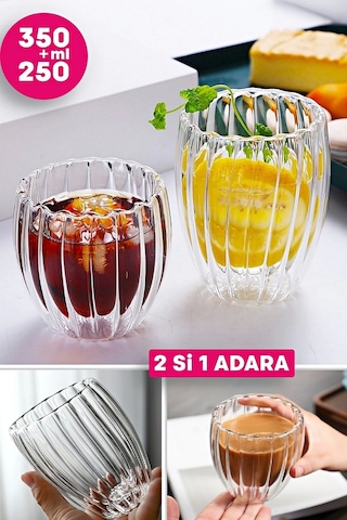 2'li Çift Cidarlı Burgulu Kristal Cam Bardağı Çay Süt Kahve Kupası Sıcak & Soğuk Retro Bardak Seti