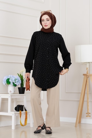 Sevitli Göğüsü Taş Detaylı Oversize Tunik-siyah-5225 Siyah