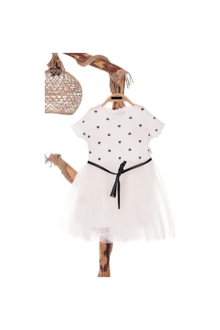 Kalp Baskılı 2-7 Yaş Arası Beyaz Kız Çocuk Tüllü Elbise Doğum Günü Özel Gün Ve Geceler İçin Beyaz