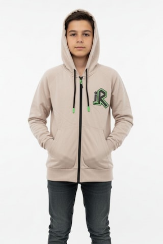 Kapüşonlu Fermuarlı Yandan Cepli Baskılı %100 Pamuk 2 İplik Mevsimlik Erkek Çocuk Sweatshirt-90935 Bej