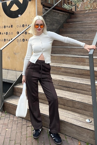 Madmext Kahverengi Beli Ayarlanabilir Geniş Paça Pantolon Mg2215 Kahverengi