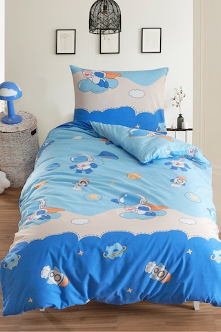 Eponj Home Tek Kişilik Pamuklu Nevresim Takımı 3 Parça Astranot Desen Mavi / Yumuşak Dokulu Mavi