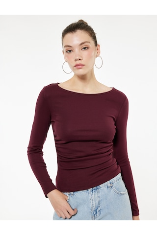 Koton Pamuklu Slim Fit Büzgülü Kayık Yaka Uzun Kollu Tişört Bordo 7wal10134ık