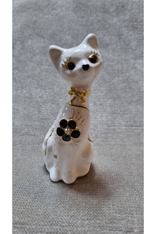Zirkon Taşlı Emaye Beyaz Kedi Kutu Biblo 001