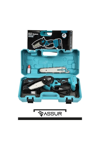 Assur 18v Akülü Ağaç Budama Testere, Çift Akü, 15 Cm Pala, Metal Dişli Şanzıman,mavi, Taşıma Çantalı