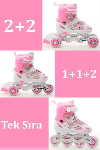 Paten Ayarlanabilir 2+2 , 2+1 Metal Gövde Alıştırma Çocuk Pateni Pembe