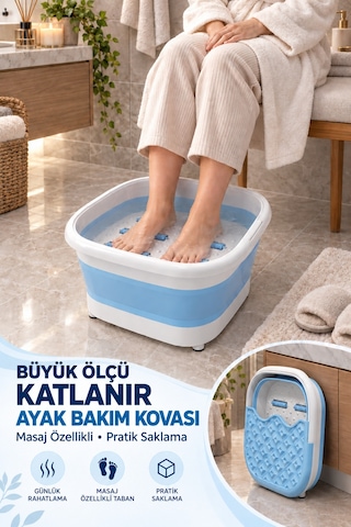 Büyük Boy Masaj Özellikli Katlanır Ayak Bakım Kovası Pedikür Leğeni Ayak Yıkama Küveti Mavi