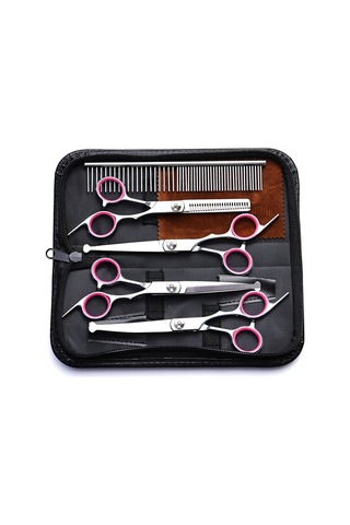 Hombey Kedi Köpek Pet Grooming Makas Seti, F2 Yedi Parça, Saç Kesim Ve Güzellik Aracı - Beyaz Kapak Pembe Çember