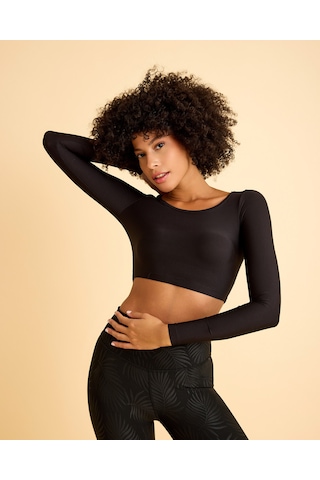 Lismina Uzun Kollu Crop Spor Tişört Siyah