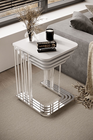 4'lü Tekerlekli Zigon Sehpa Gümüş Ayak Beyaz 18mm Mdf