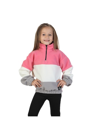 Erdem Kıds Kız Çocuk Dik Yaka Fermuarlı Sweatshirt-kazak Beli Lastikli Çok Renkli Kışlık Polar Sweat Pembe-ekru-gri Pembe-ekru-gri