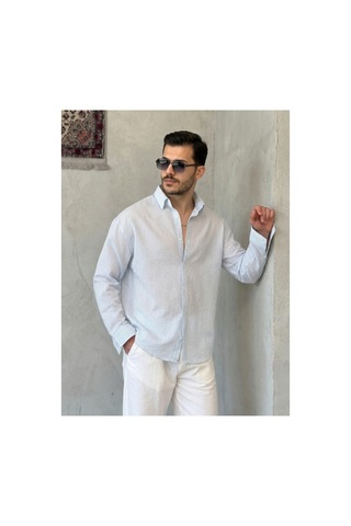 Butik İstanbul Erkek İnce Çizgili Gofre Kumaş Rahat Kalıp Gömlek Buz Mavi