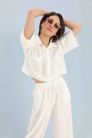 Takım Nakış Detaylı Viskon Gömlek Pantolon - Ekru-ekru Ekru