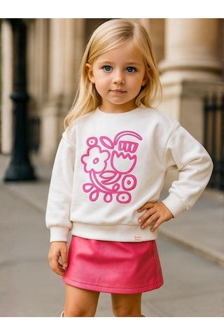 Kız Çocuk Pamuklu Çiçek Desenli Sweatshirt-16337 Ekru