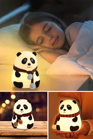 5 Farklı Renk Modlu Panda Figürlü Pofuduk Led Gece Lambası Yumuşak Dokulu Çocuk Odası Ve Dekoratif Şarjlı Ort 11