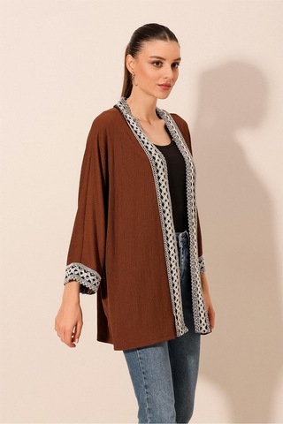 Bigdart 5866 Nakışlı Örme Kimono - Kahverengi 001